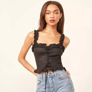 Reformation lace up Black Ruffle Trim Women's crop Top linen size 4 small
